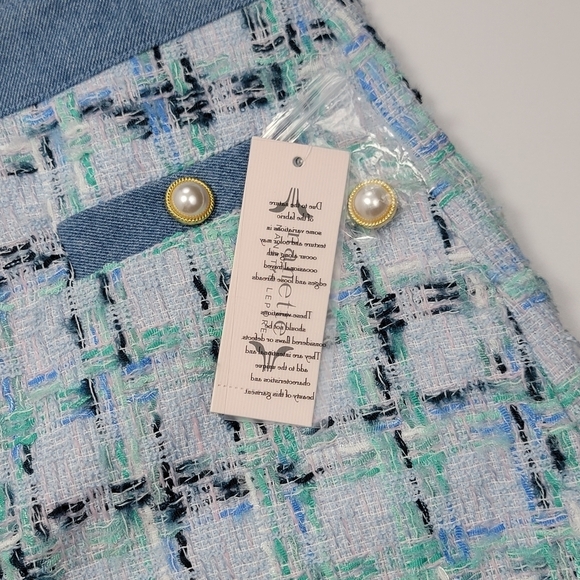Nanette Lepore Tweed Skirt Women’s Size S Pearl Button Lite Blue Multi Plaid New - Picture 5 of 12